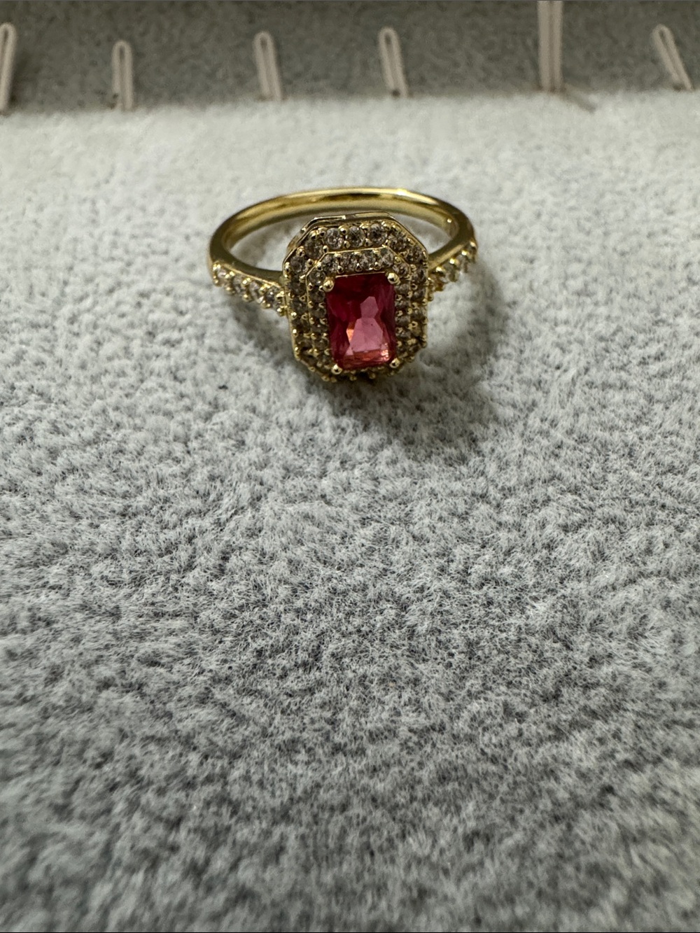 Gold Ring with Pink Rectangular Center Stone and Pave Halo
